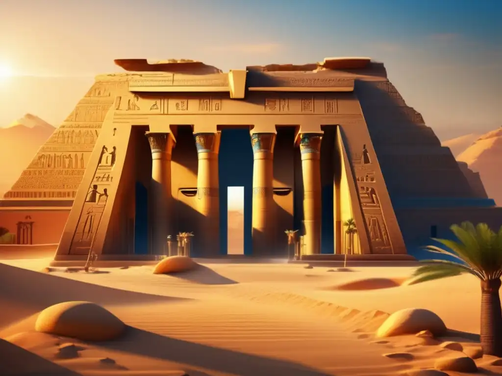Un templo egipcio antiguo bañado en la cálida luz dorada del atardecer