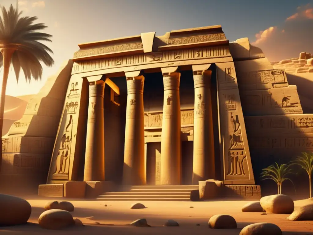 Un templo egipcio antiguo, bañado por el cálido resplandor dorado del sol