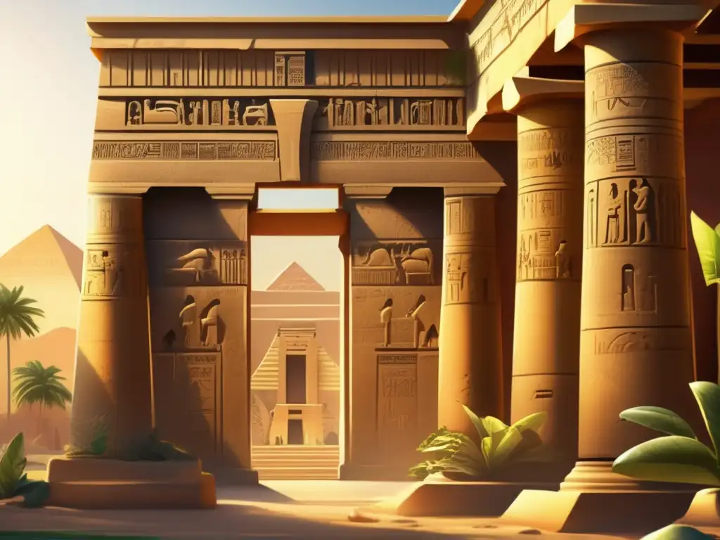 Un templo egipcio antiguo bañado en cálida luz dorada, testigo de rituales sagrados y jeroglíficos enigmáticos