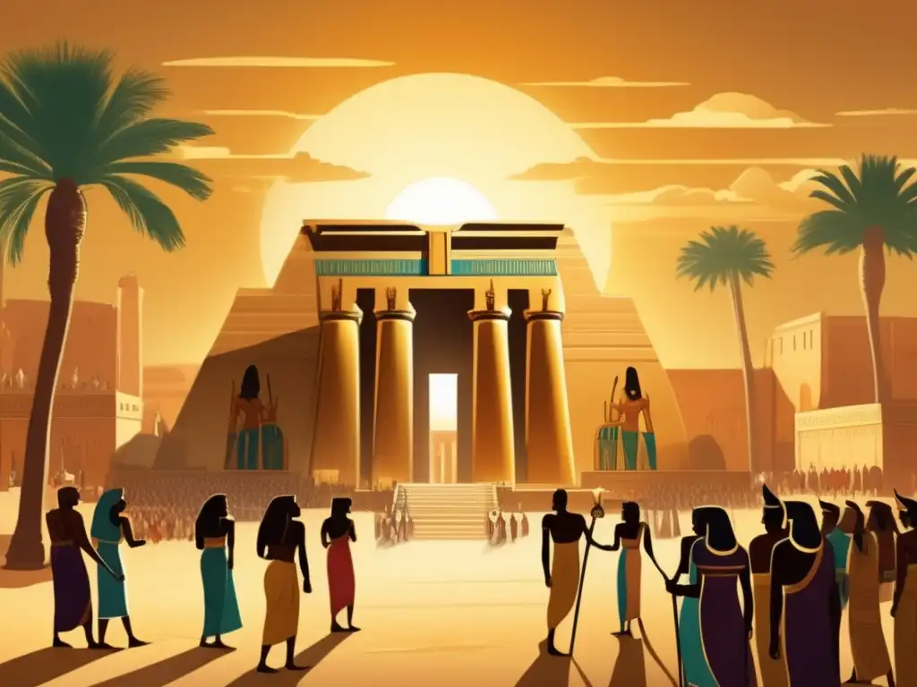 Una ilustración vintage muestra un templo egipcio antiguo en el corazón de la bulliciosa ciudad durante el Imperio Medio
