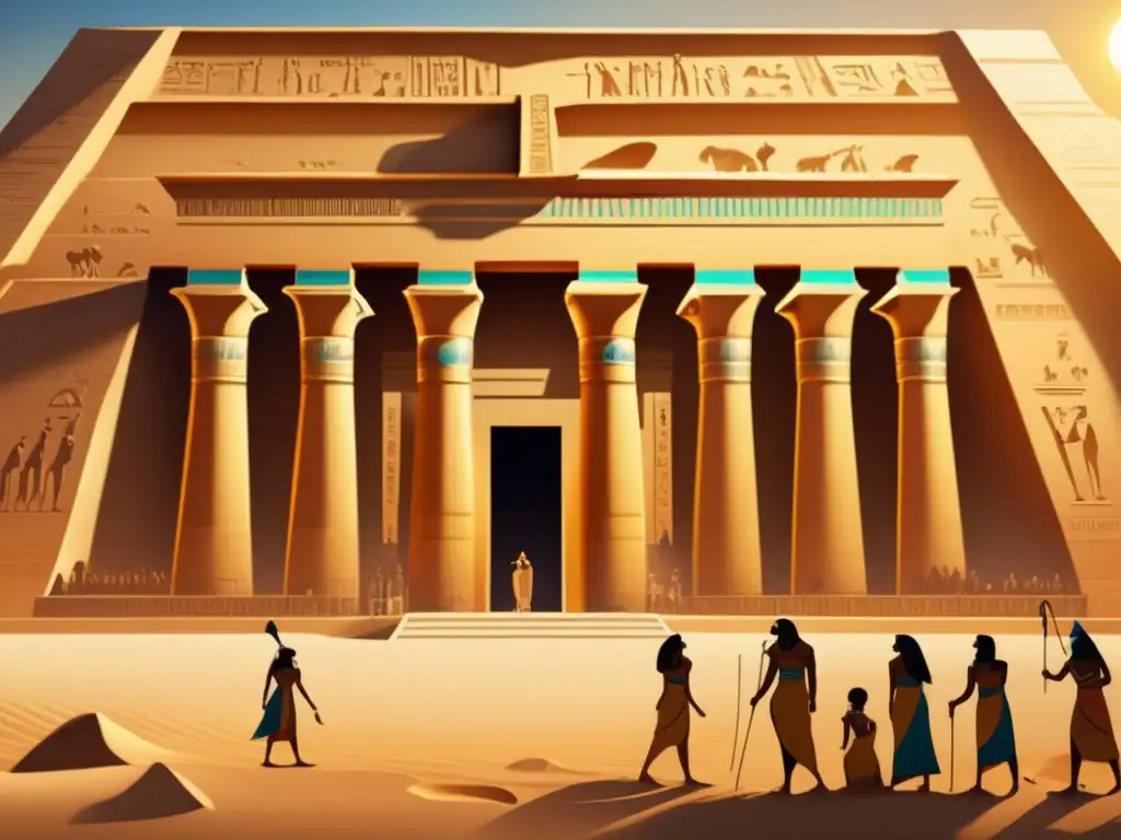 Un templo egipcio antiguo, ricamente decorado con jeroglíficos y grabados, bañado por la cálida luz dorada del sol