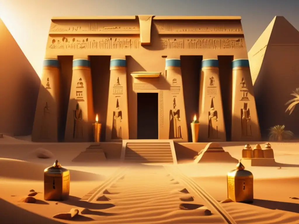 Un templo egipcio antiguo detalladamente decorado con jeroglíficos y esculturas