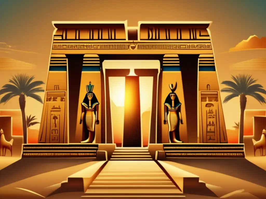 Un templo egipcio antiguo y detallado, con jeroglíficos en rituales sagrados, se alza contra un atardecer dorado
