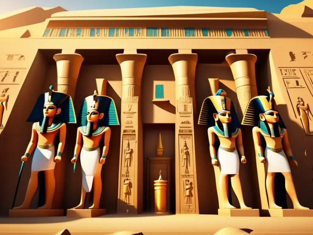 Un templo egipcio antiguo con decoración egipcia y esculturas guardianes, bañado en cálida luz dorada, que resalta los detalles de las obras de arte