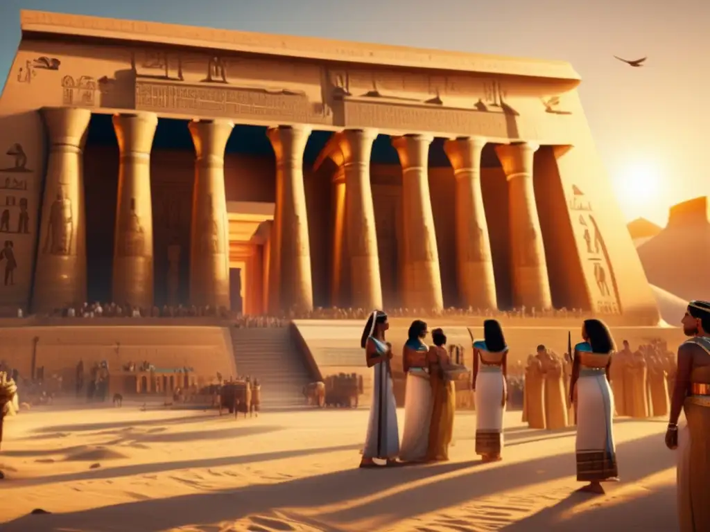 Un templo egipcio antiguo iluminado por los rayos dorados del sol poniente