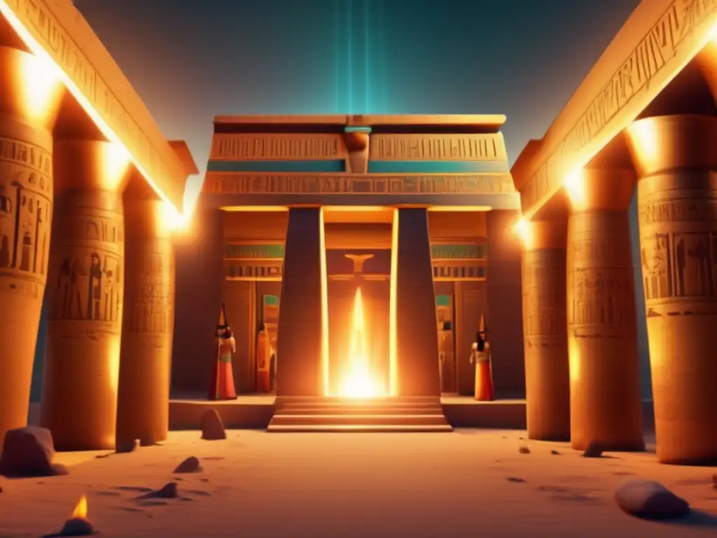 Un templo egipcio antiguo iluminado por antorchas, con sacerdotes realizando un ritual sagrado