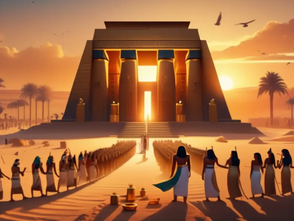 Un templo egipcio antiguo iluminado por un cálido atardecer dorado