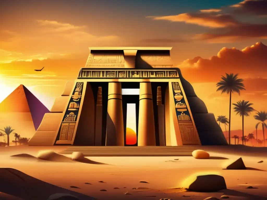 Templo egipcio antiguo con influencia de la mitología, destacando la evolución del lenguaje y la riqueza cultural de Egipto