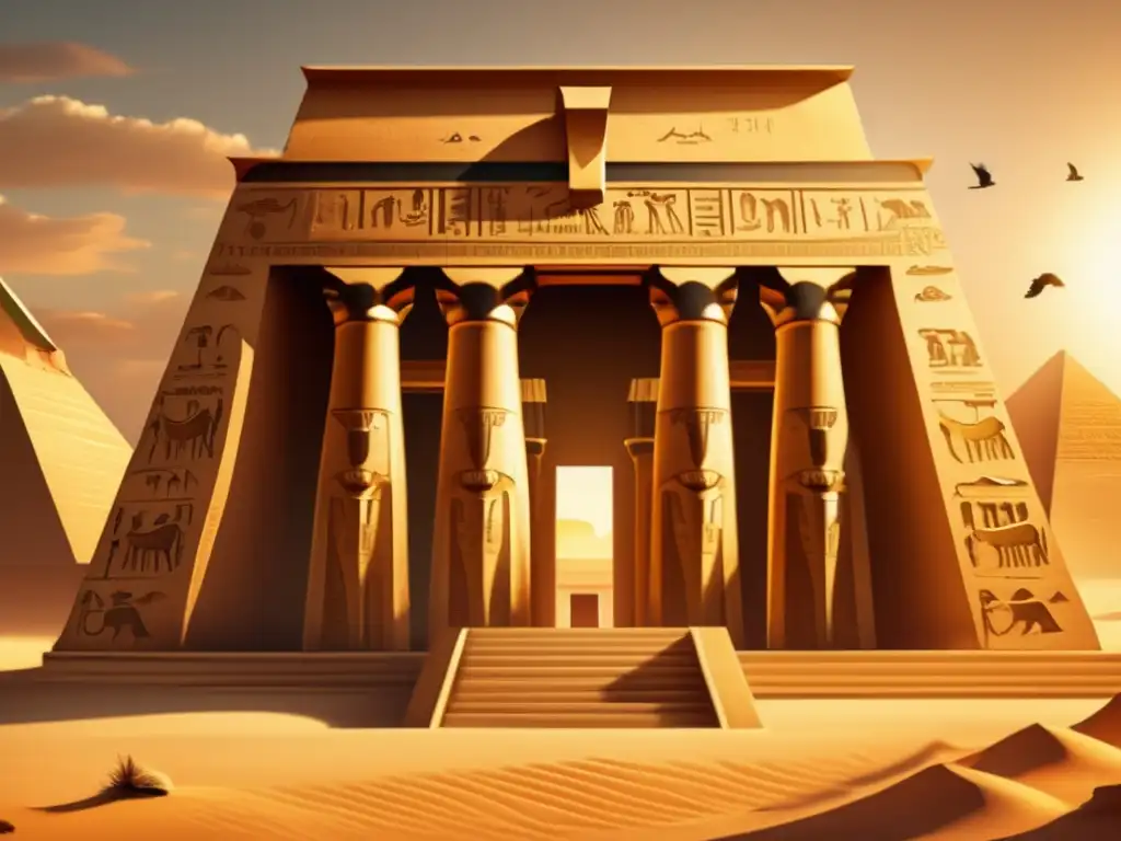 Un templo egipcio antiguo con jeroglíficos detallados en 8k, iluminado por un cálido sol dorado