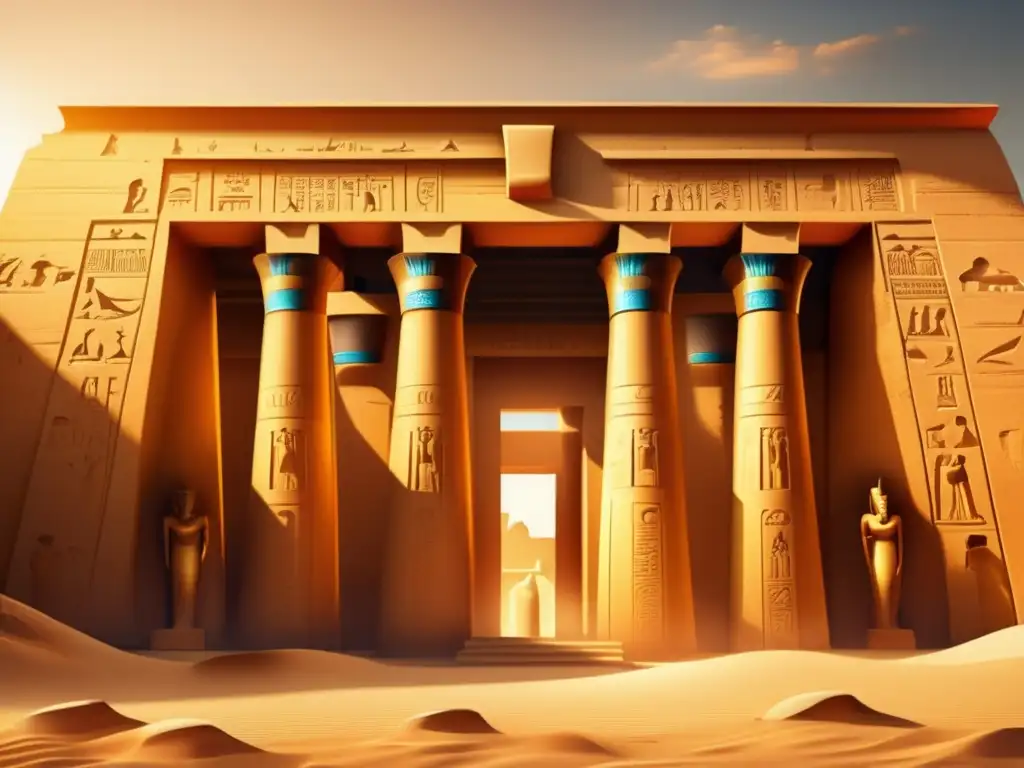 Un templo egipcio antiguo con jeroglíficos en rituales sagrados, bañado en cálida luz dorada, evocando la mística de los dioses y diosas