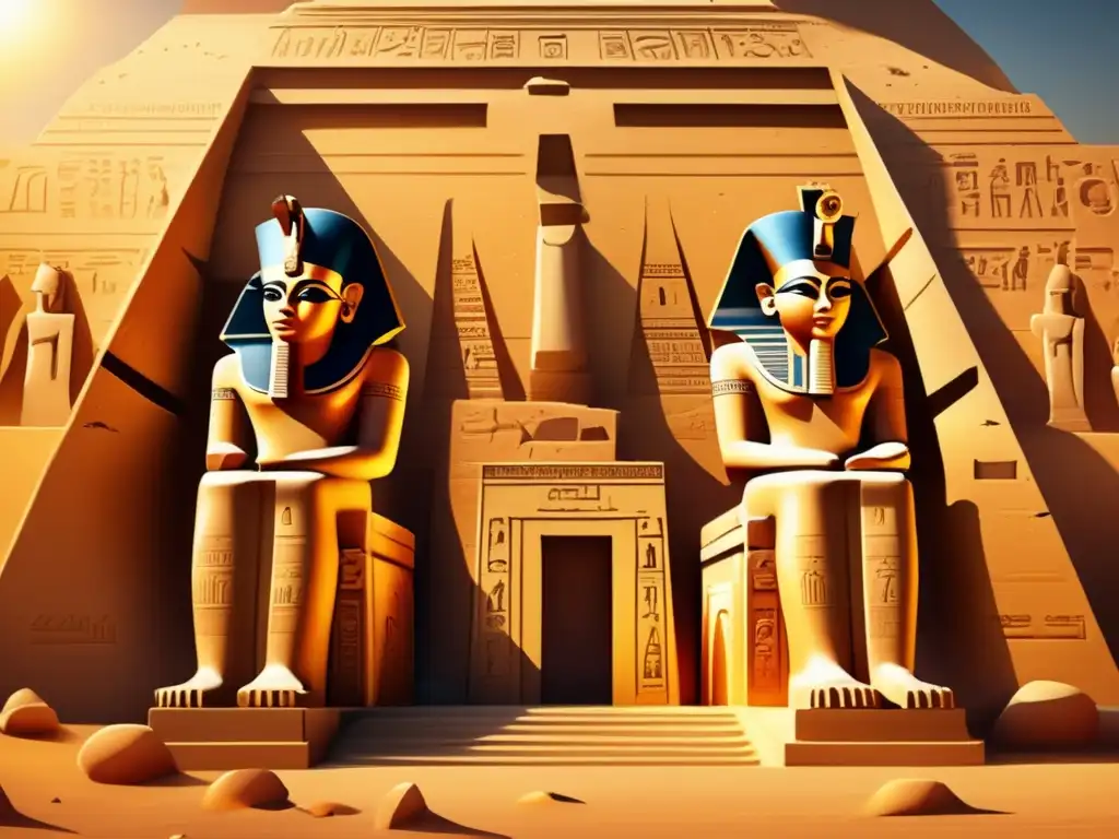 Un templo egipcio antiguo con jeroglíficos en rituales sagrados, iluminado por los rayos dorados del sol poniente en un paisaje desértico