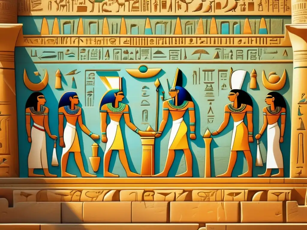 Un templo egipcio antiguo con jeroglíficos intrincados, bañado en cálida luz solar