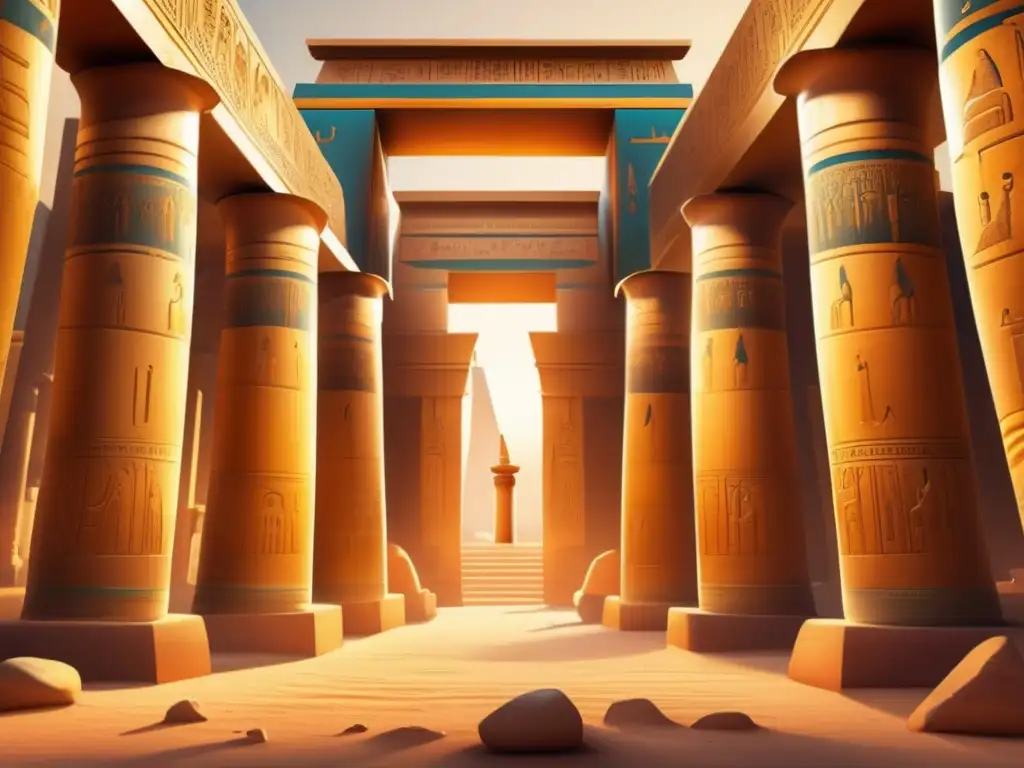Un templo egipcio antiguo lleno de columnas y jeroglíficos, iluminado por una cálida luz dorada