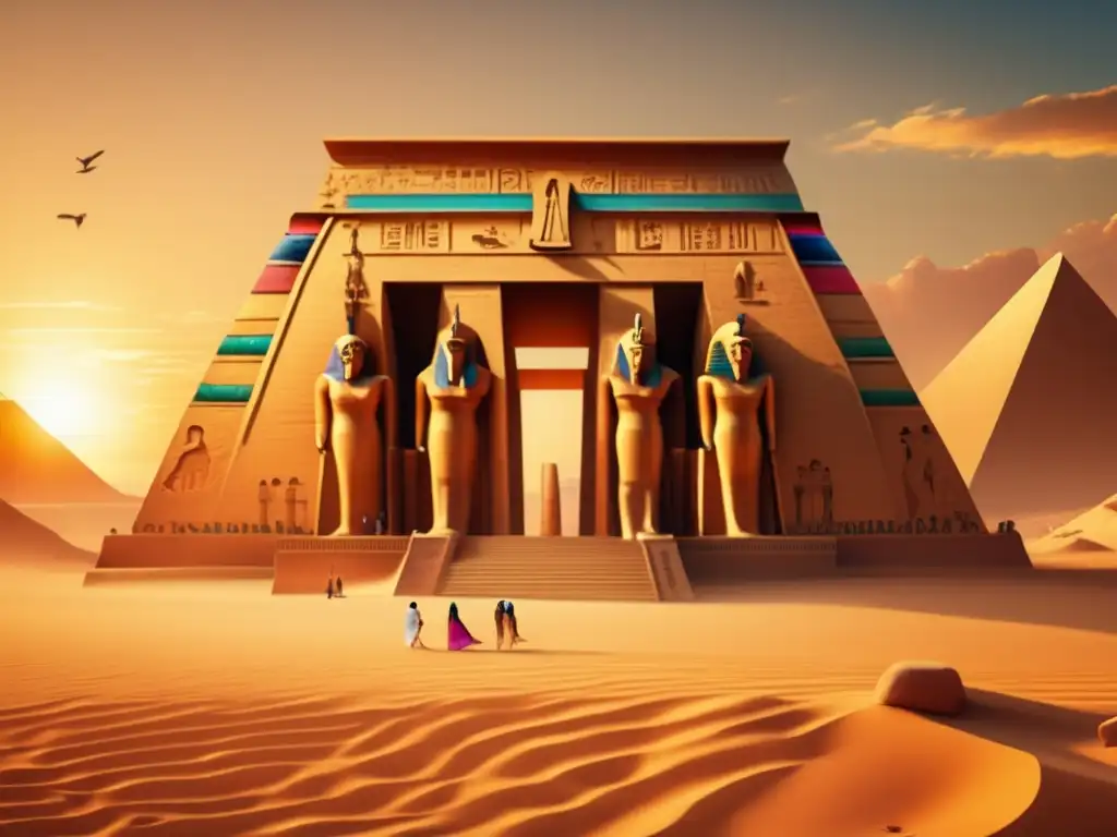 Un templo egipcio antiguo, lleno de color y jeroglíficos, se eleva contra un atardecer dorado en el desierto