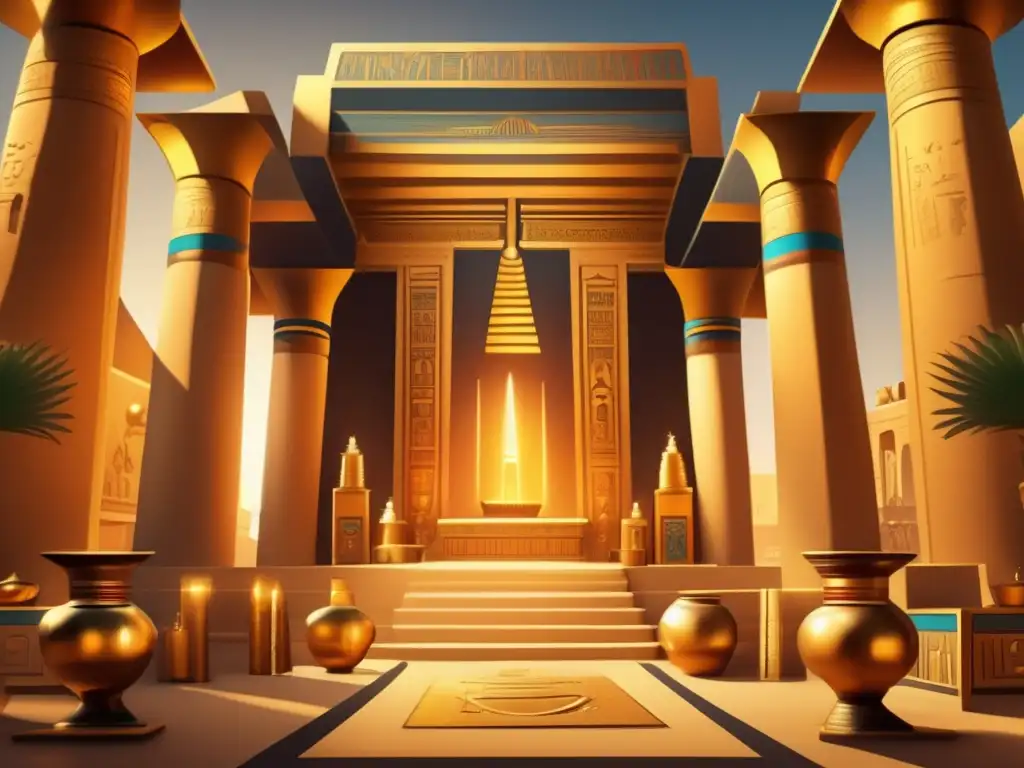 Un templo egipcio antiguo lleno de ofrendas y altares, bañado en cálida luz dorada