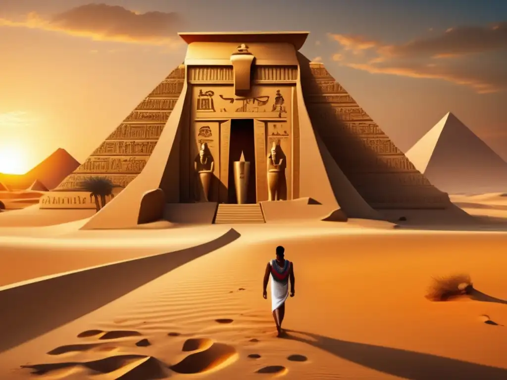 Un templo egipcio antiguo se alza majestuoso sobre un desierto dorado al atardecer, con intrincados grabados y jeroglíficos