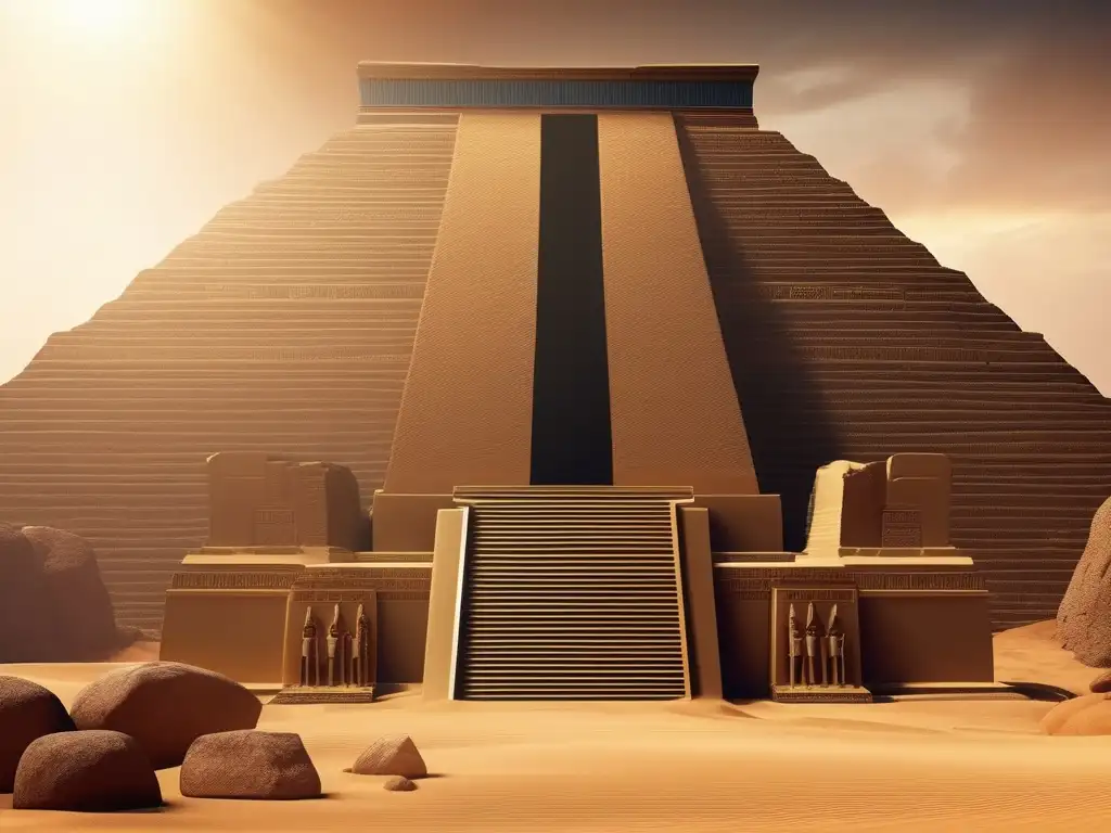 Un templo egipcio antiguo se alza majestuoso en una puesta de sol dorada, evocando el origen y misterio de los Hicsos