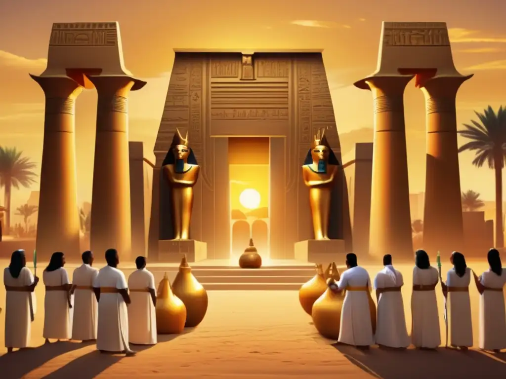 Un templo egipcio antiguo se alza majestuoso en un atardecer dorado