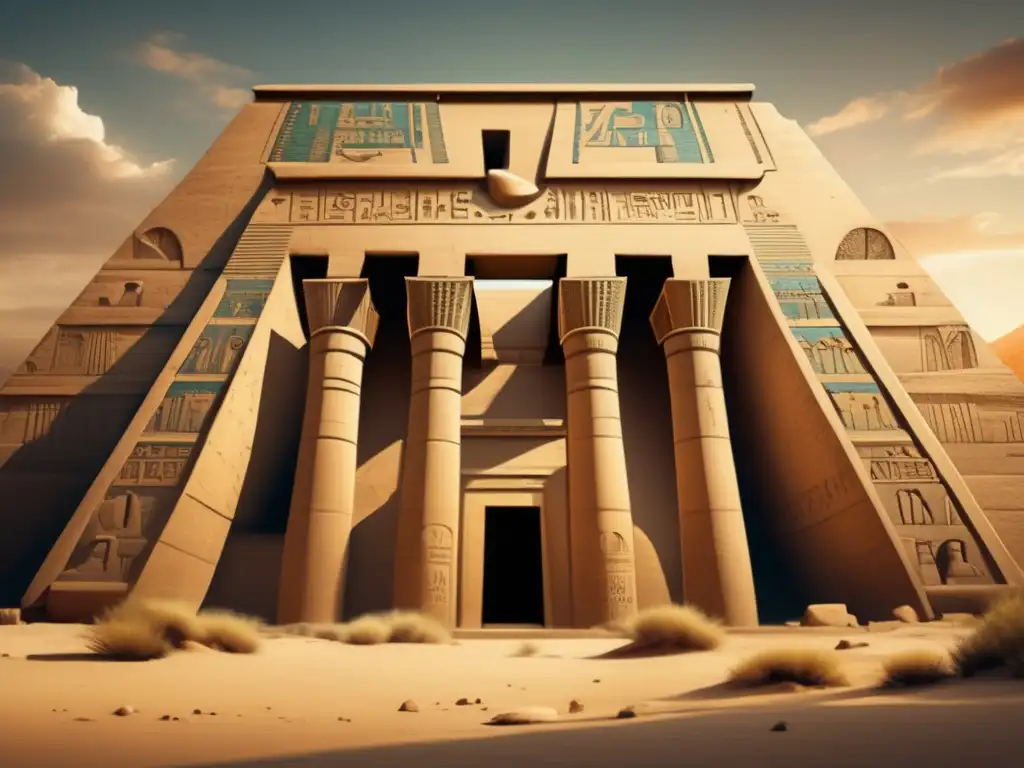 Un templo egipcio antiguo, repleto de jeroglíficos y geometría sagrada, bañado por la cálida luz dorada del sol