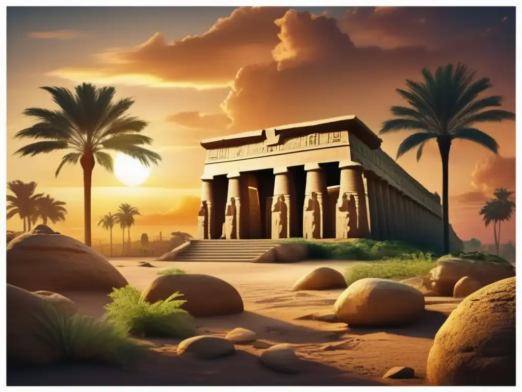 Un templo egipcio antiguo en ruinas, iluminado por un dramático atardecer