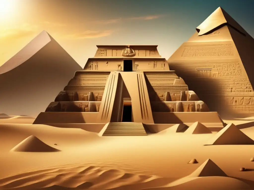Templo egipcio antiguo, testimonio de la influencia extranjera en el Egipto del Tercer Periodo Intermedio, bañado por la luz dorada del atardecer