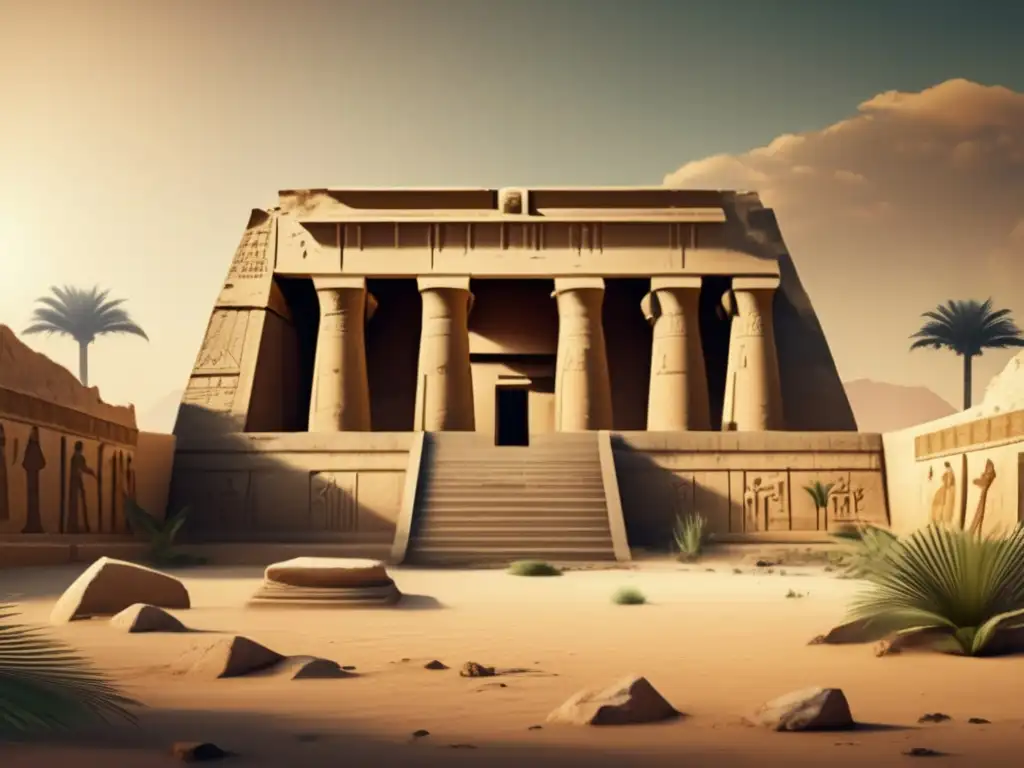 Un templo egipcio en decadencia durante el Tercer Periodo Intermedio, con arte en declive y una atmósfera de antigüedad y melancolía