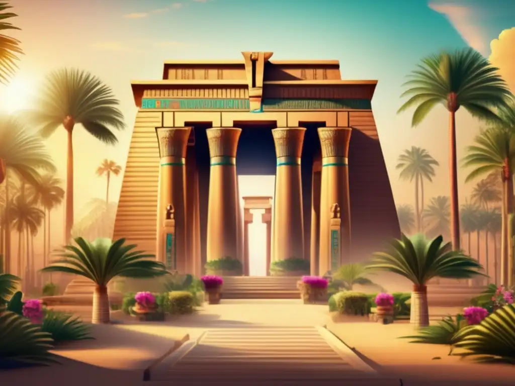 Un templo egipcio dedicado a Hathor, diosa del amor y la maternidad, se alza majestuoso en un oasis exuberante