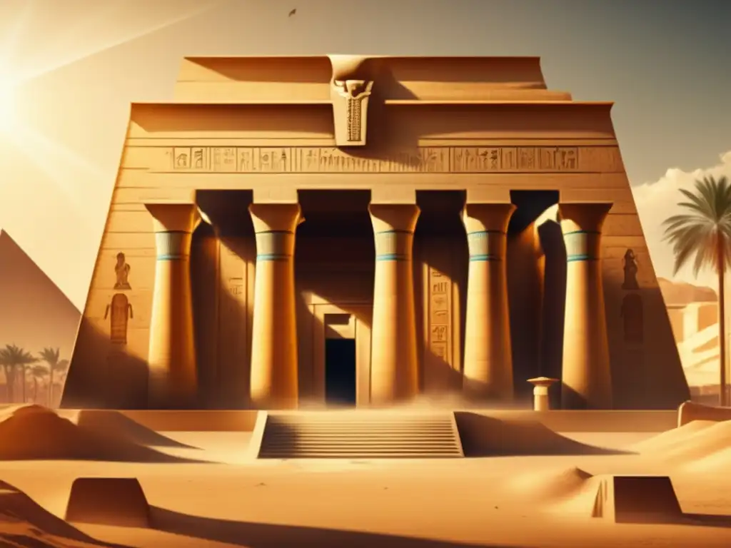 Un templo egipcio del Imperio Nuevo bañado en cálida luz solar, muestra la influencia de la religión