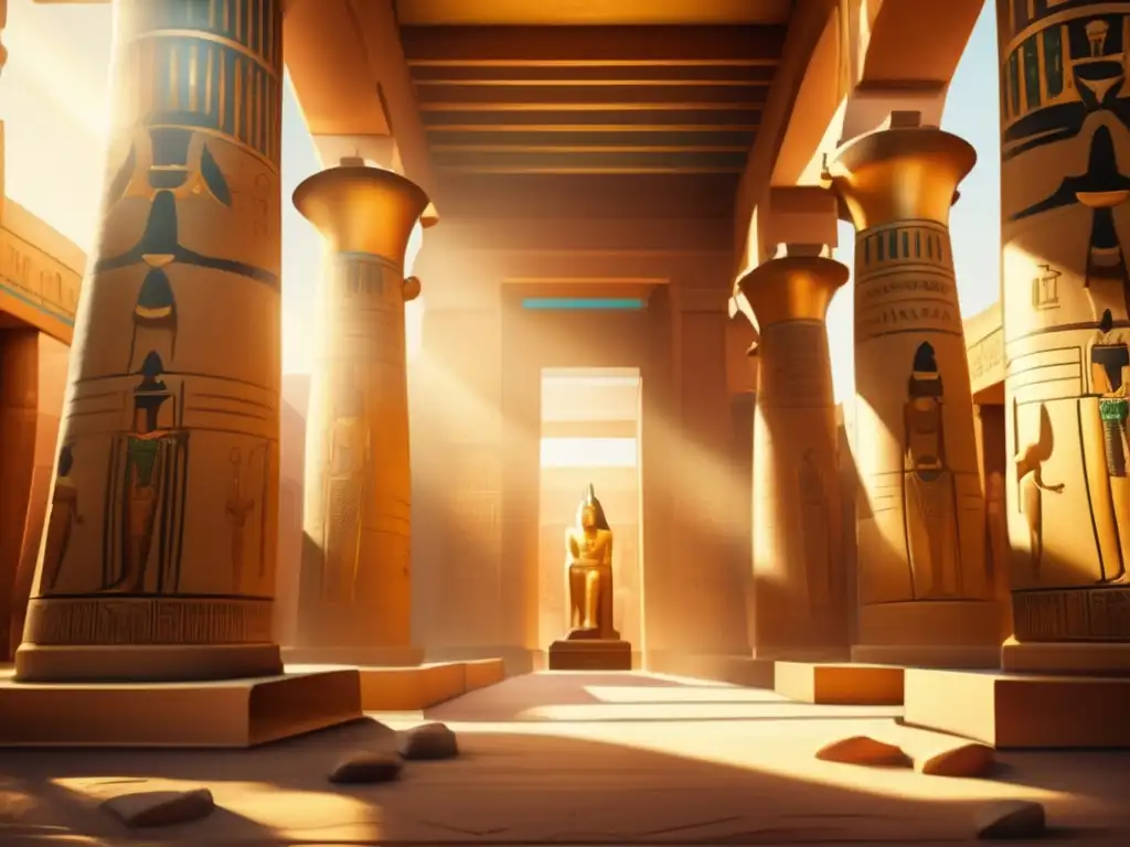 Un templo egipcio majestuoso bañado en luz dorada revela su historia a través de jeroglíficos y una estatua del faraón
