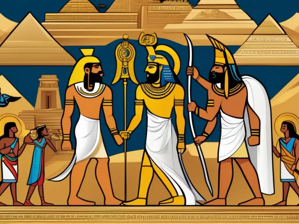 Un templo egipcio majestuoso bañado en luz dorada, con estatuas de dioses antiguos y jeroglíficos detallados