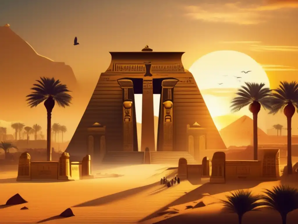 Un templo egipcio majestuoso, iluminado por el sol poniente y bañado en tonos dorados