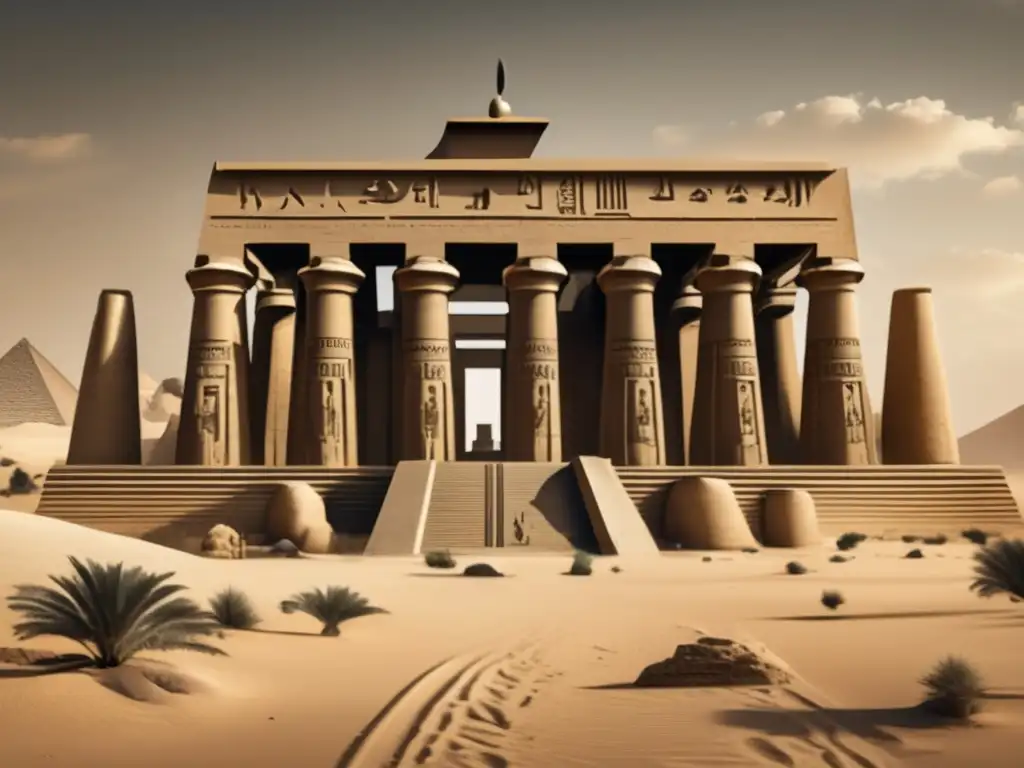 Un templo egipcio majestuoso en medio del desierto, con detalles arquitectónicos y jeroglíficos
