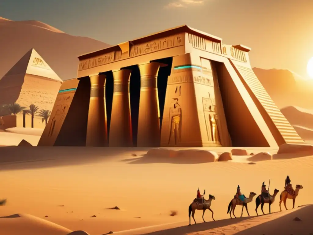 Un templo egipcio en el Periodo Tardío, resplandeciente en el desierto, con murales y jeroglíficos impresionantes