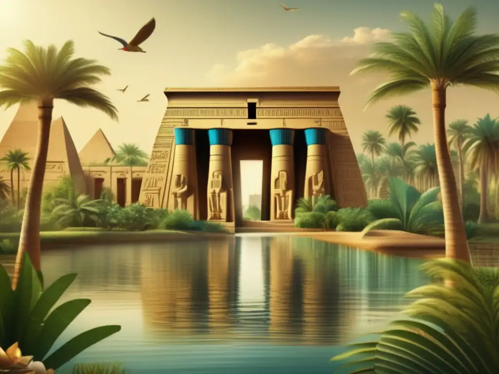 Un templo egipcio rodeado de exuberante vegetación y las aguas del Nilo