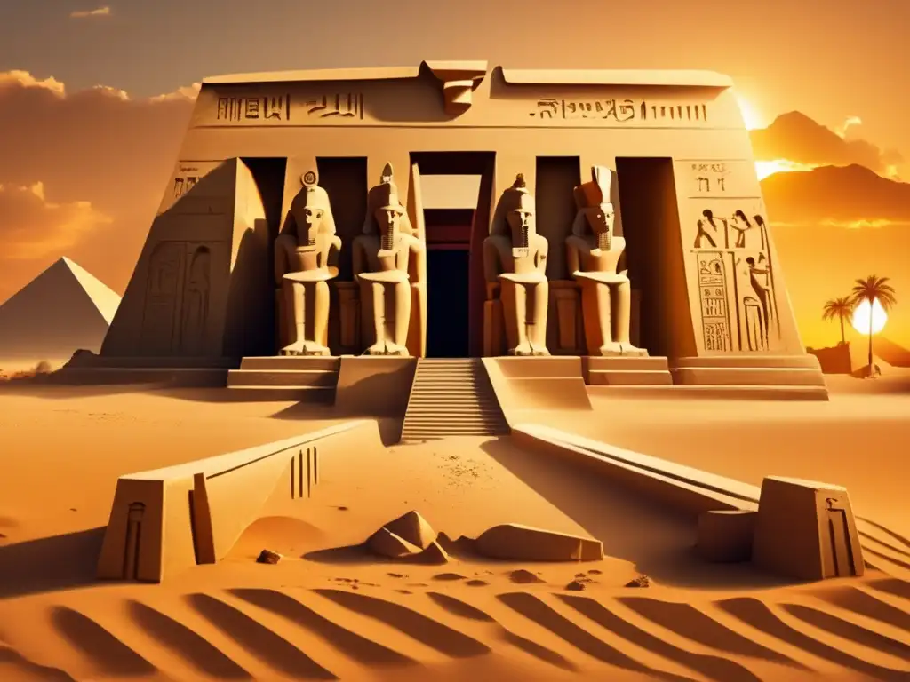 Un templo egipcio en ruinas, parcialmente cubierto de arena, con jeroglíficos tallados en las paredes