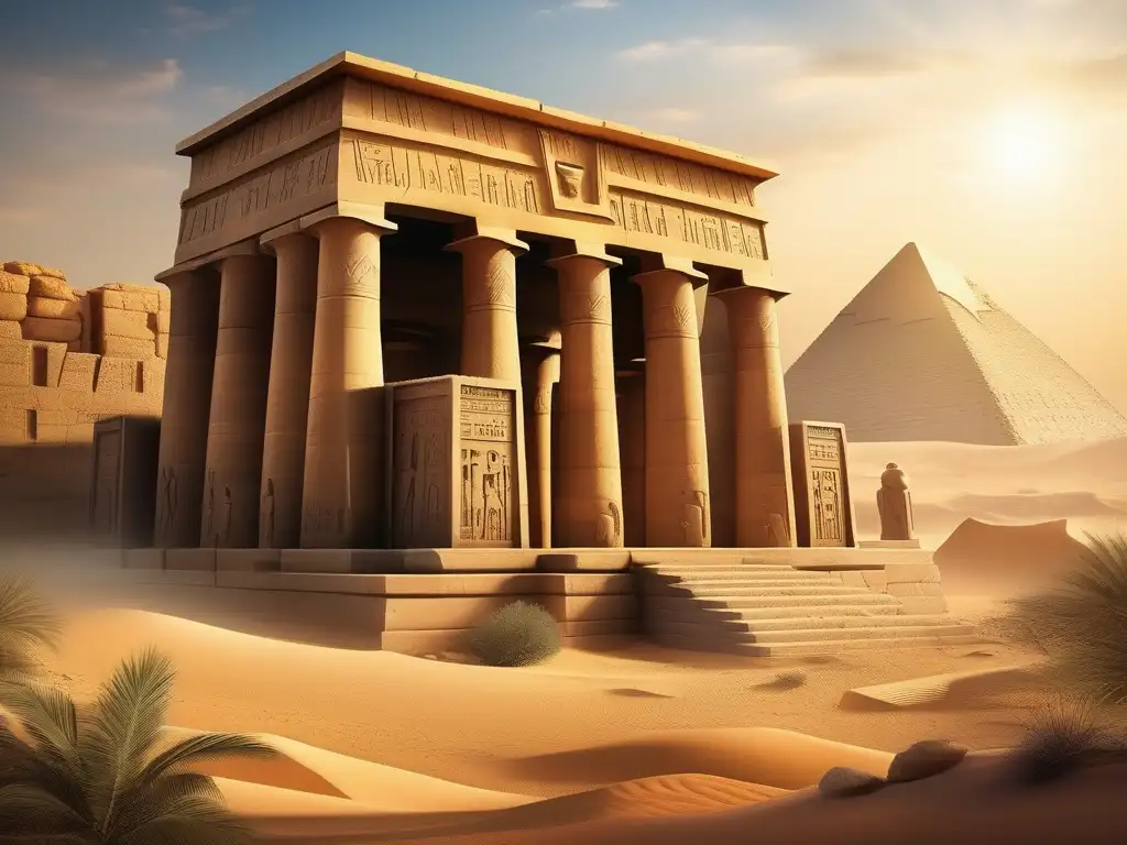 Un templo egipcio en ruinas del Segundo Periodo Intermedio de Egipto se alza en medio de un desierto, con intrincadas carvings y jeroglíficos