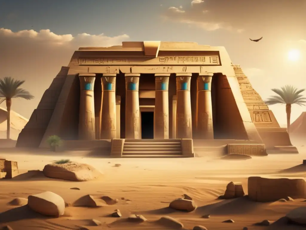 Un templo egipcio en ruinas del Segundo Periodo Intermedio de Egipto, con hieroglíficos, murales desgastados y una atmósfera misteriosa