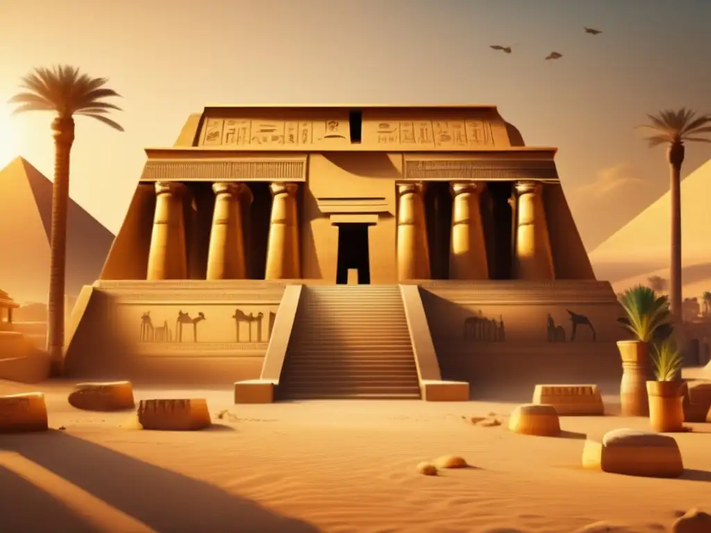 Templo egipcio del Segundo Periodo Intermedio, detallado en 8k y bañado en luz dorada
