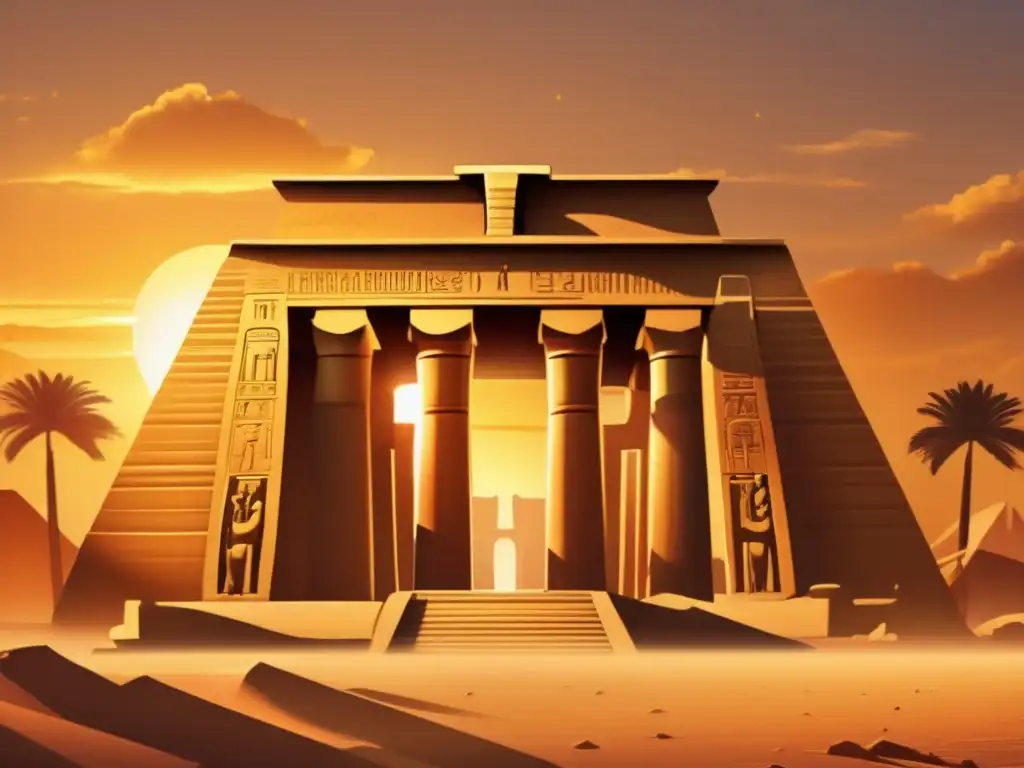 Templo egipcio en el Segundo Periodo Intermedio, con creencias religiosas y una atmósfera mística y serena al atardecer dorado