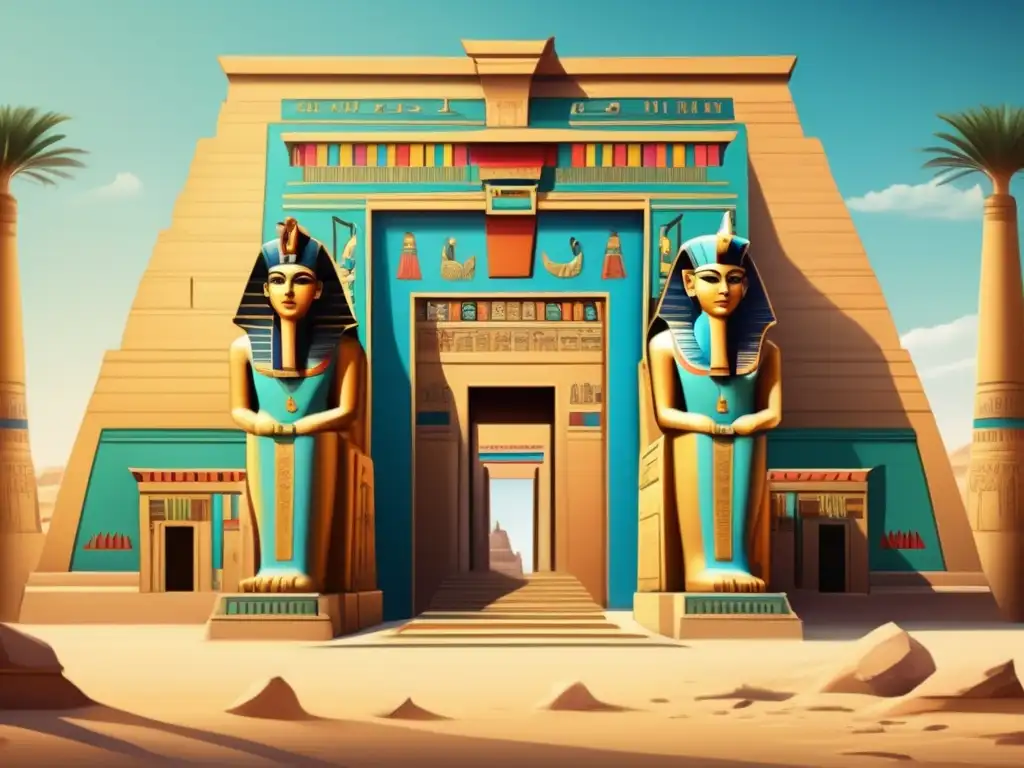Un templo egipcio vibrante con murales coloridos y jeroglíficos intrincados, dedicado al ritual de Min en la mitología egipcia