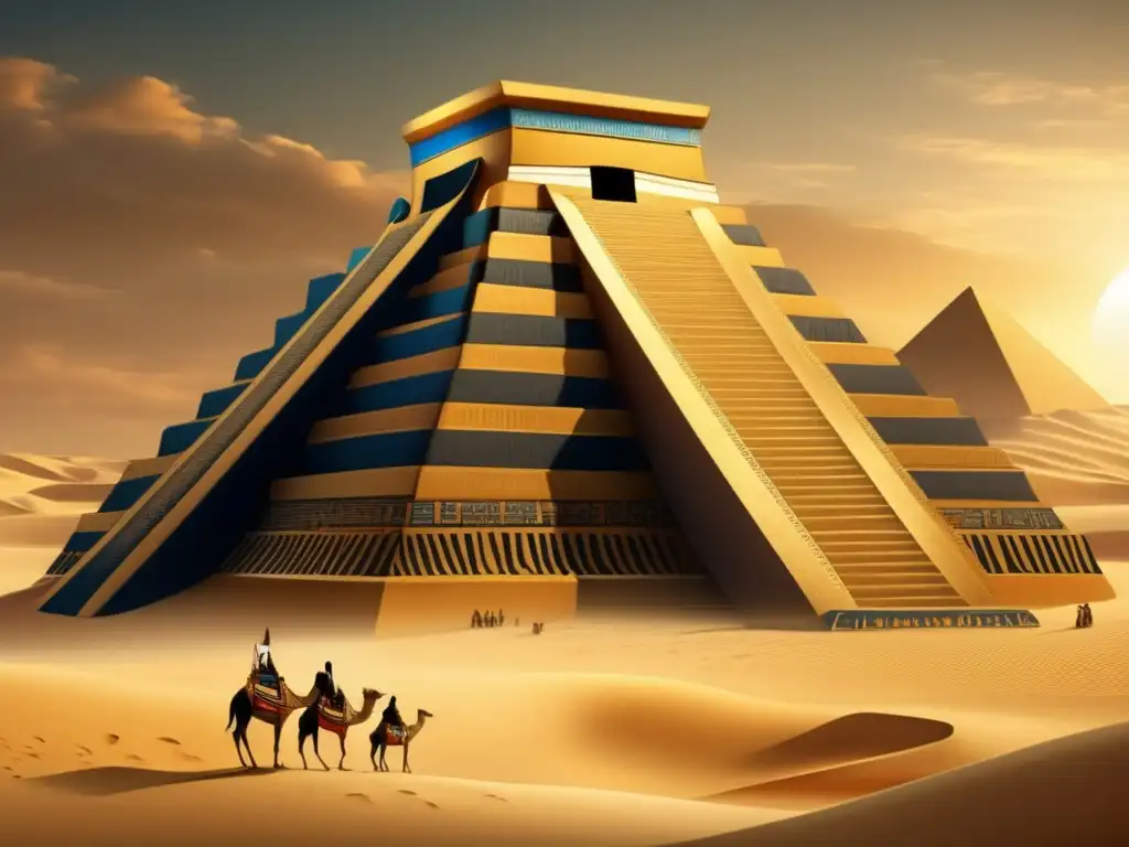Un templo egipcio vintage emerge de la arena dorada del desierto, con bajorrelieves que retratan la propaganda de los faraones