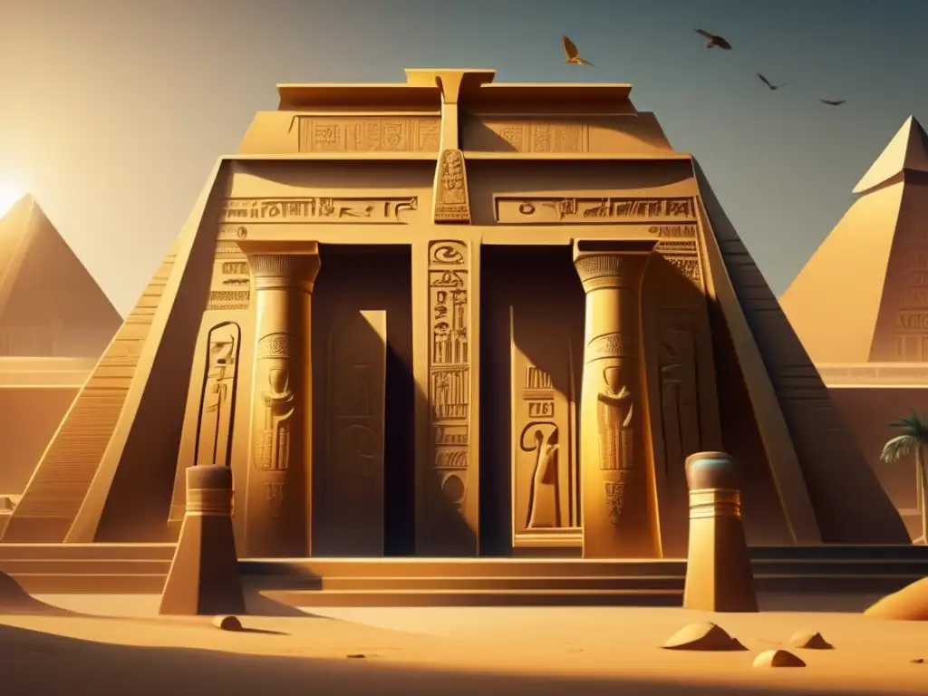 Un templo egipcio vintage bañado en cálida luz dorada, con intrincadas carvings y jeroglíficos
