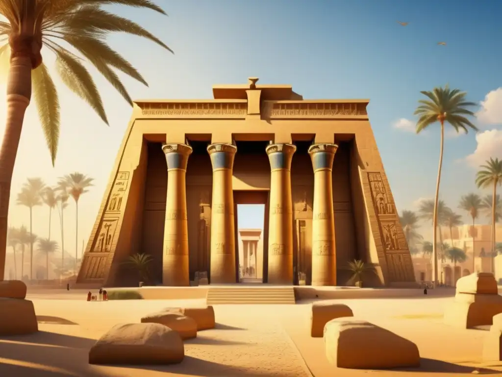 Un templo egipcio vintage bañado en luz dorada, con intrincados relieves y jeroglíficos en sus paredes