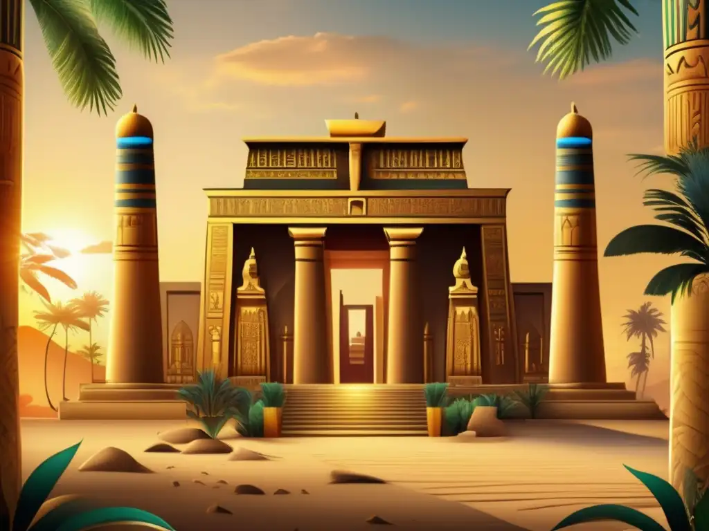 Un templo egipcio vintage detallado con influencias naturales y ornamentación intrincada