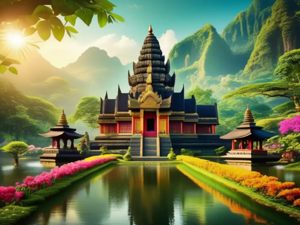 Un templo majestuoso en un entorno verde exuberante, con la luz del sol filtrándose entre los árboles