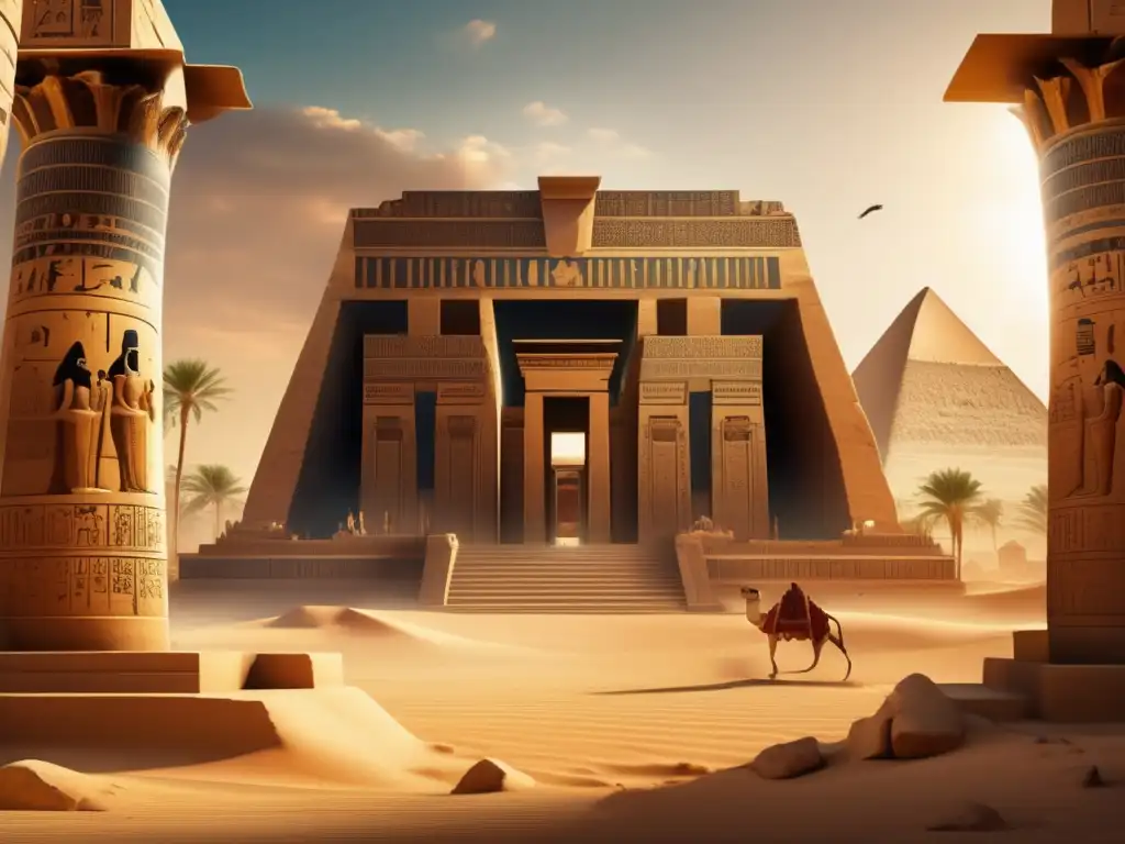 Un templo de piedra magnífico, adornado con deidades egipcias, se erige en un oasis exuberante