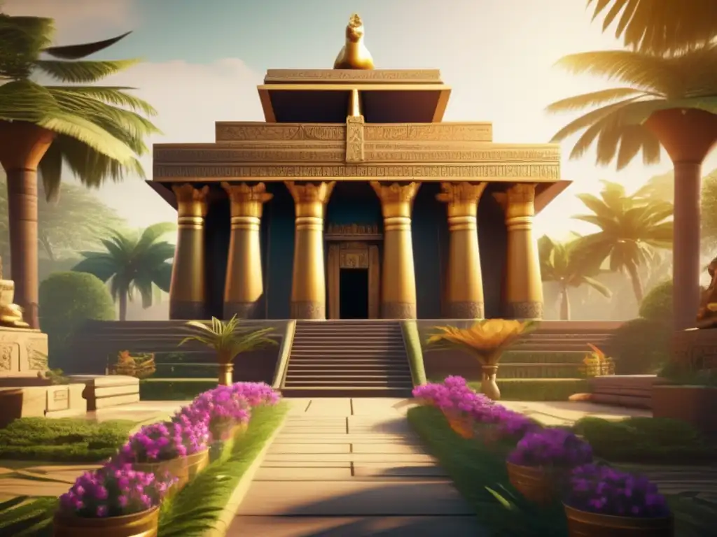 Un templo vintage dedicado a la diosa Isis rodeado de exuberante vegetación y flores en pleno florecimiento