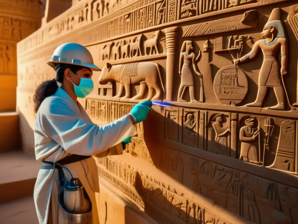 Conservación de templos del Antiguo Egipto con láser: Un experto delicadamente limpia las intrincadas tallas y jeroglíficos, resaltando la impresionante artesanía egipcia mientras protege estos tesoros para las futuras generaciones