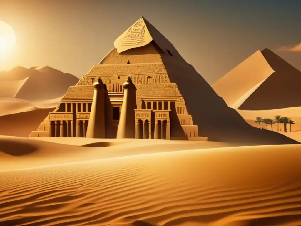 Exploración en templos menos conocidos de Egipto: Un templo vintage se alza orgulloso en las dunas doradas, con arqueólogos excavando antiguos tesoros