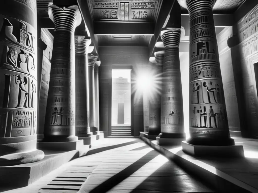 Templos de culto a Isis en Egipto: Una imagen ultradetallada en 8K de una fotografía en blanco y negro que muestra el magnífico interior de un templo